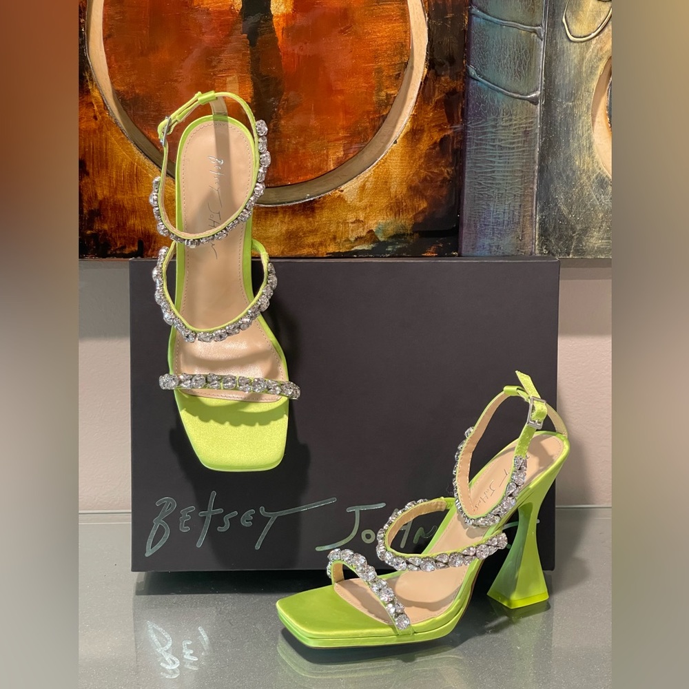 Betsey Johnson Neon Lime Jeweled Strap Block Heel Sandals - Picture 8 of 8